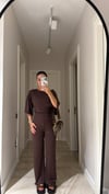 Kahve Yan Büzgülü Simli Bluz Pantolon Takım
