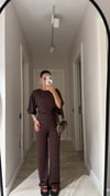 Kahve Yan Büzgülü Simli Bluz Pantolon Takım