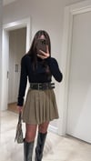 Karamel Pileli Çift Kemerli Etek 