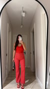 Kırmızı Beyaz Puantiyeli Agraflı Flare Pantolon