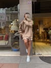 Koyu Bej Kapşonlu Scuba Kumaş Sweat 