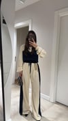 Krem Lacivert Denim Detaylı Bel Lastikli Pantolon