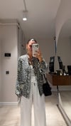 Krem Leopar Desen Saten Bomber Ceket 