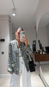 Krem Leopar Desen Saten Bomber Ceket 