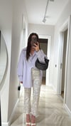 Krem Lila Çiçekli Flare Bilek Boy Pantolon