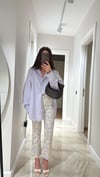 Krem Lila Çiçekli Flare Bilek Boy Pantolon