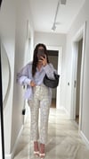 Krem Lila Çiçekli Flare Bilek Boy Pantolon