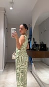 Krem Yeşil Desenli Kruvaze Yaka Pantolon Takım 