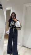 Lacivert Bej Lastikli Yan Şeritli Bol Paça Pantolon