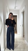 Lacivert Bel Bağçıklı Geniş Paça Denim Pantolon 