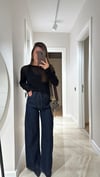 Lacivert Bel Bağçıklı Geniş Paça Denim Pantolon 