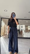 Lacivert Bel Lastikli Bol Paça Denim Pantolon