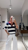Lacivert Beyaz Çizgili Polo Yaka Triko Tişört