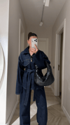 Lacivert Cep Detaylı Kuşaklı Denim Ceket