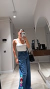 Lacivert Çiçek Örgü Detaylı Bol Paça Jean