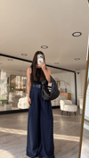 Lacivert Çift Kemerli Pileli Palazzo Pantolon