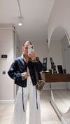 Lacivert Ekose Desenli Kahve Düğmeli Denim Ceket