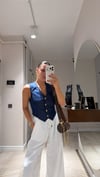Lacivert Gold Düğme Detaylı Crop Denim Yelek 