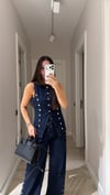 Lacivert Gold Düğmeli Asimetrik Denim Yelek