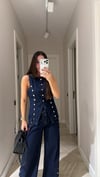 Lacivert Gold Düğmeli Asimetrik Denim Yelek