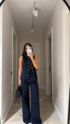 Lacivert Gold Düğmeli Bol Paça Denim Pantolon