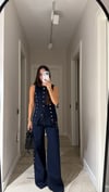 Lacivert Gold Düğmeli Bol Paça Denim Pantolon