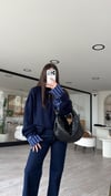 Lacivert Gri Çizgili Kolları Gömlek Detaylı Kazak 