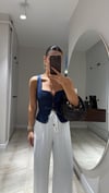 Lacivert Kare Yaka Ön Bağlamalı Bluz 