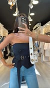 Lacivert Kemerli Arka Fermuarlı Straplez Bluz
