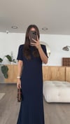 Lacivert Kısa Kol Fitilli Triko Elbise 