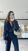 Lacivert Kruvaze Yaka Kapüşonlu Modal Bluz 
