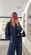 Lacivert V Yaka Tensel Kumaş Oversize Gömlek 