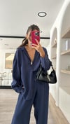 Lacivert V Yaka Tensel Kumaş Oversize Gömlek 