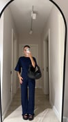 Lacivert Yan Büzgülü Simli Bluz Pantolon Takım
