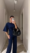 Lacivert Yan Büzgülü Simli Bluz Pantolon Takım