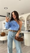 Mavi Çiçek Detaylı Tek Kol Gömlek