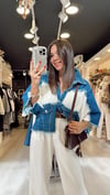 Mavi Ekru Triko Detaylı Jean Ceket