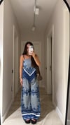 Mavi Etnik Desenli İp Askılı Bluz Pantolon Takım