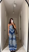 Mavi Etnik Desenli İp Askılı Bluz Pantolon Takım