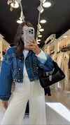 Mavi Gümüş Zımbalı Crop Jean Ceket