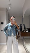 Mavi İnci Taş Detaylı Düğmeli Denim Ceket