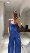 Mavi Kalın Askılı Saten Crop Bluz