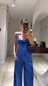 Mavi Kalın Askılı Saten Crop Bluz