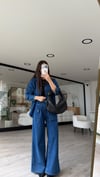 Mavi Pileli Denim Bol Paça Pantolon