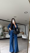 Mavi Pileli Denim Bol Paça Pantolon