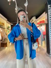Mavi Poplin Kumaş Düşük Omuzlu Oversize Gömlek