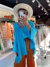Mavi Yanı Yırtmaçlı Oversize Gömlek