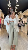 Mint Yeşili Beli Lastikli Marka Model Bol Paça Keten Pantolon