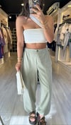 Mint Yeşili Beli Lastikli Paça Büzgülü Keten Pantolon