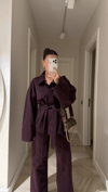 Mürdüm Cep Detaylı Kuşaklı Denim Ceket